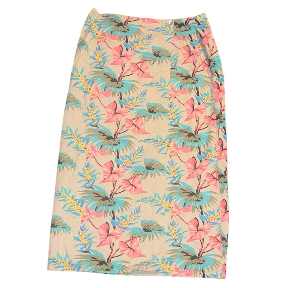 Floral Print Beige Long Wrap Skirt, Size 12